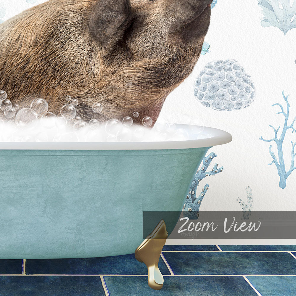 A pig is sitting in a bathtub filled with bubbles, enjoying a relaxing bath.