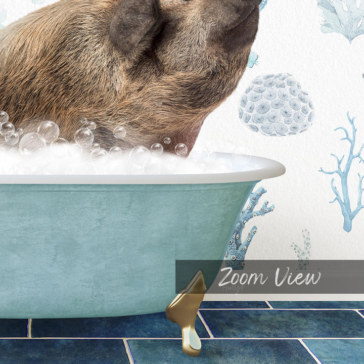 A pig is sitting in a bathtub filled with bubbles, enjoying a relaxing bath.
