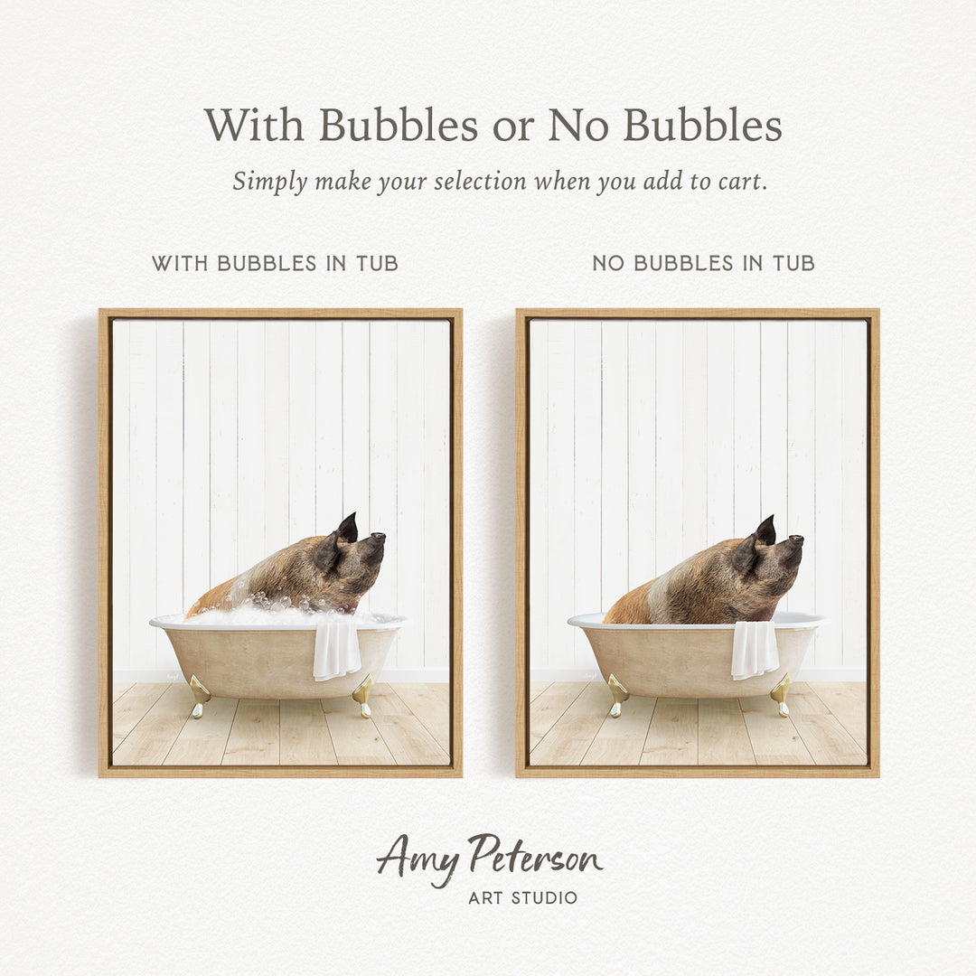The image is a collage of two pictures, each featuring a dog sitting in a bathtub. The dog appears to be enjoying a bath, with bubbles surrounding it. The collage includes a frame with the text "With Bubbles or No Bubbles" and "With Bubbles in Tub" and "NO Bubbles in Tub" to indicate the bathtub's contents. The artist's name, Amy Peterson, is also mentioned in the image.
