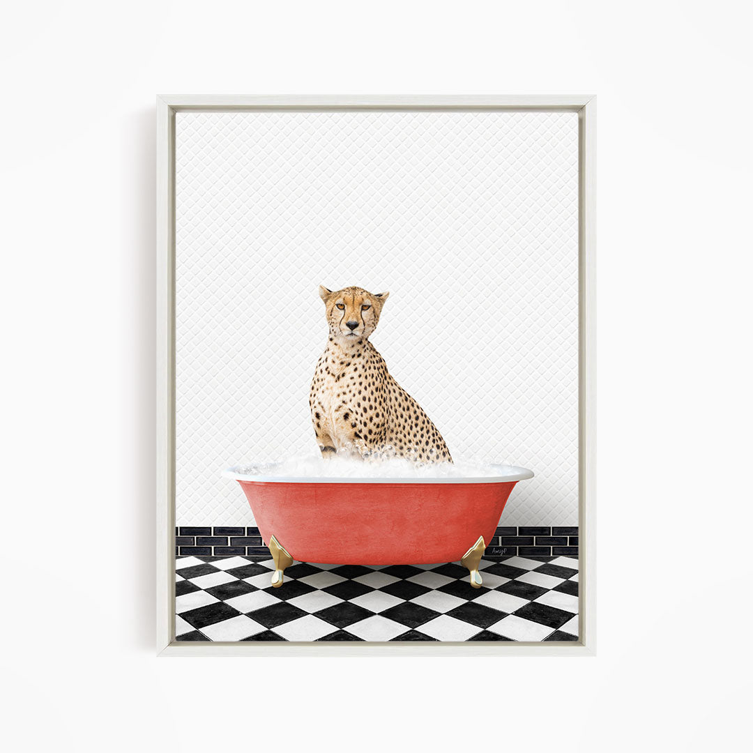 A cheetah sitting in a red bathtub filled with water, with a black and white checkered floor in the background.
