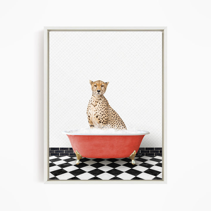 A cheetah sitting in a red bathtub filled with water, with a black and white checkered floor in the background.