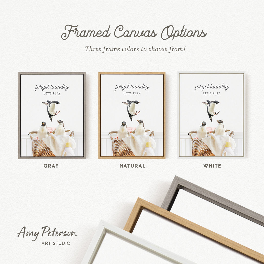 three framed canvas options, each with a different color and frame style, including a gray, natural, and white frame.