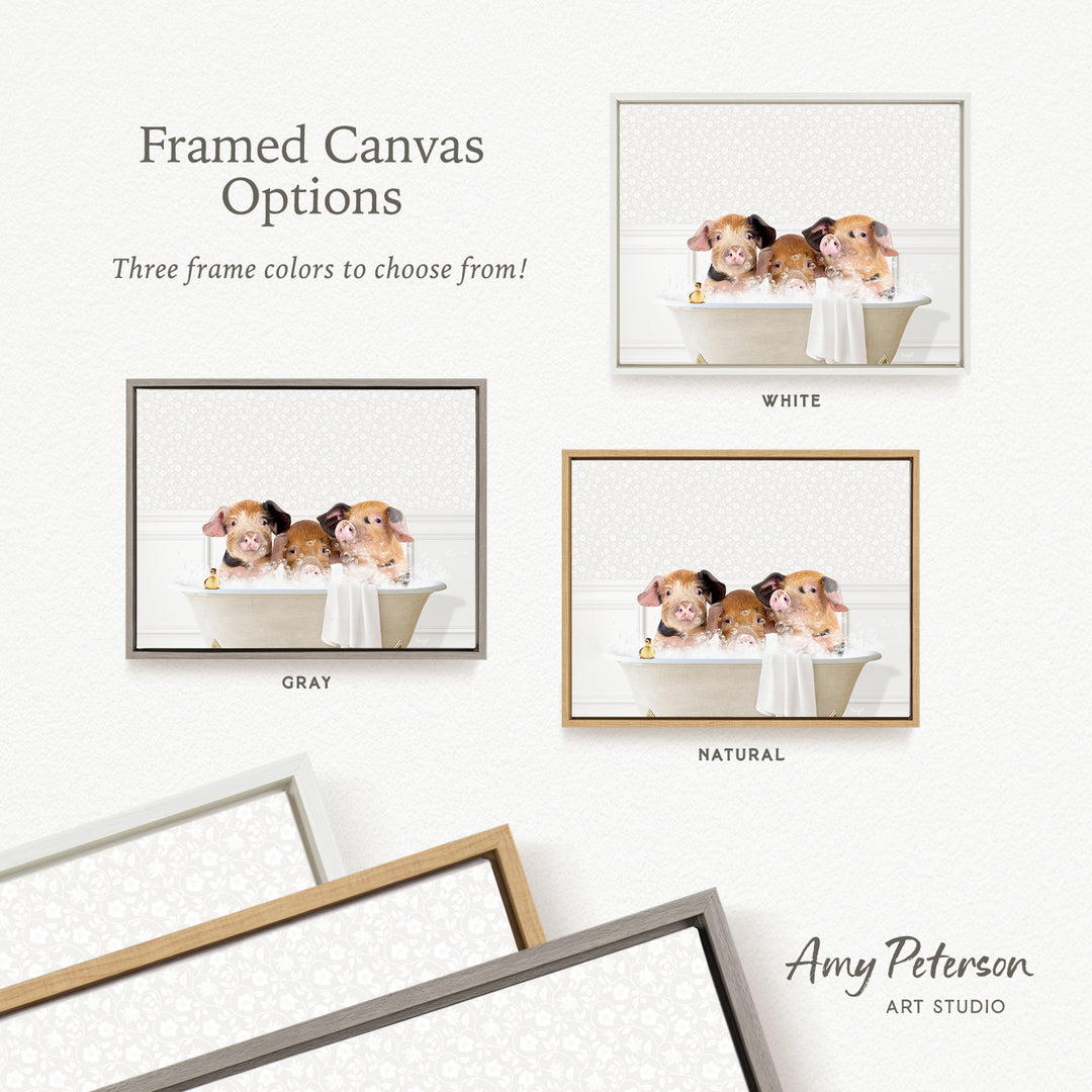 The image is a framed canvas with three different frame colors to choose from: white, gray, and natural. The canvas features a group of dogs sitting in a bathtub, with each frame showcasing a different color.