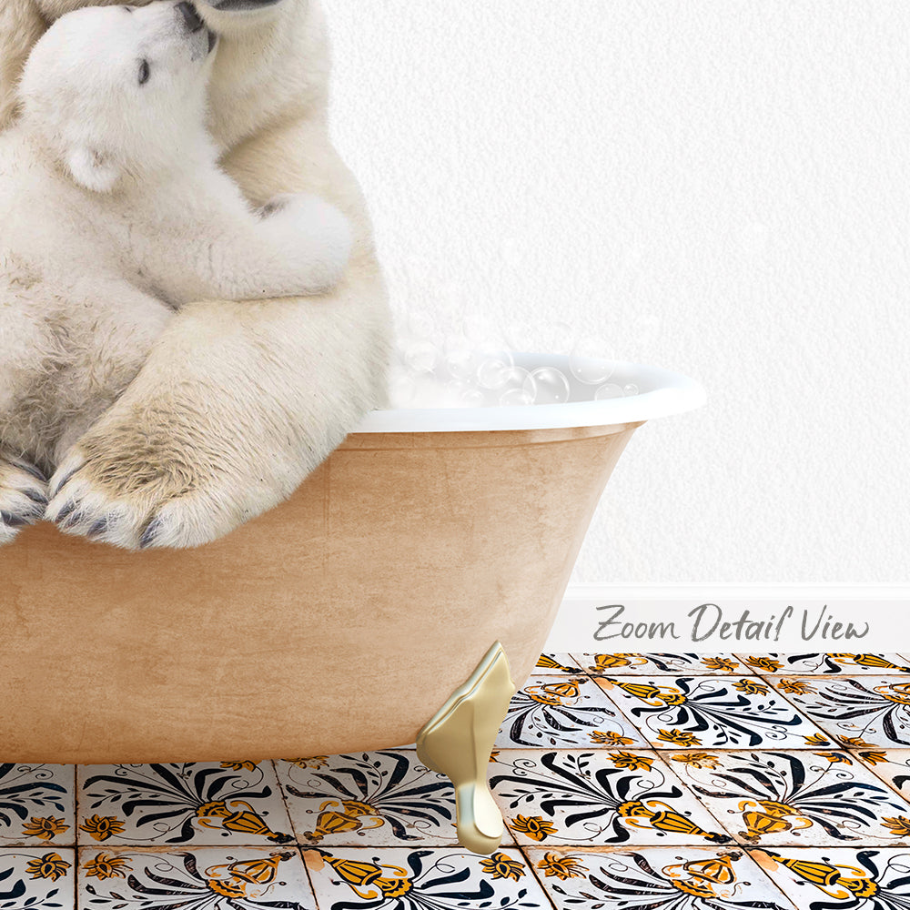 A polar bear cub sitting in a bathtub, with a text overlay that reads "Zoom Detail View".