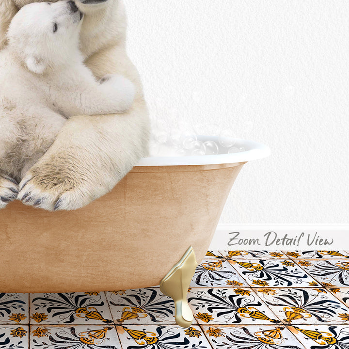 A polar bear cub sitting in a bathtub, with a text overlay that reads "Zoom Detail View".