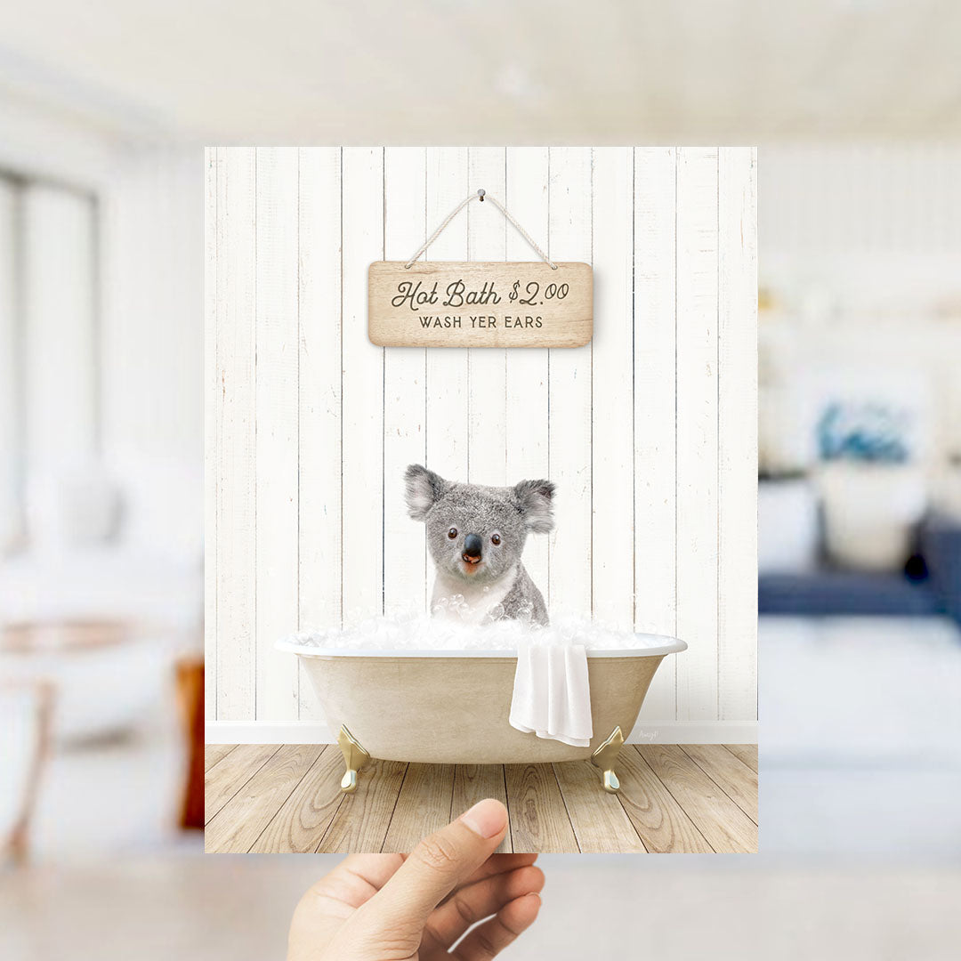 A koala sitting in a bathtub, with a sign above it that says "Hot Bath $2.00 WASH EARS".