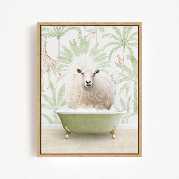 A sheep is sitting in a green bathtub, surrounded by tropical foliage and animals, creating a whimsical and playful scene.