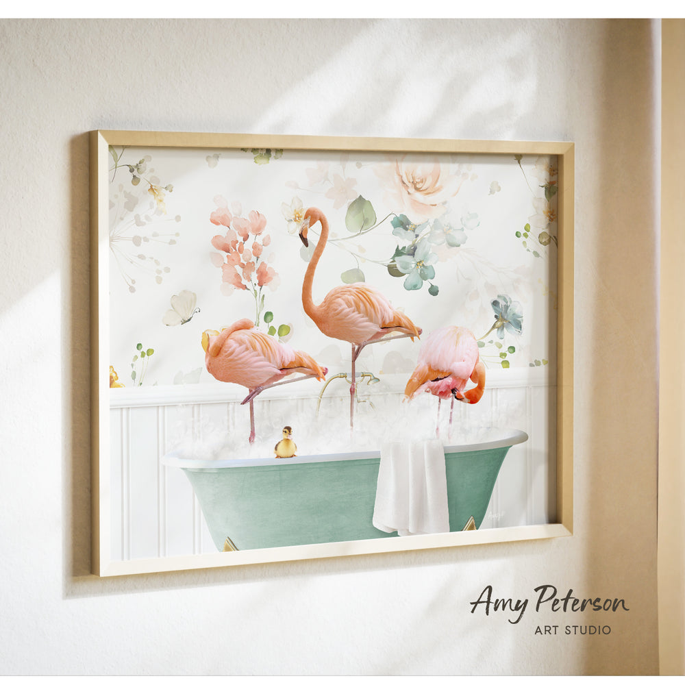 A framed print of a pink flamingo standing in a green bathtub, surrounded by flowers and greenery.