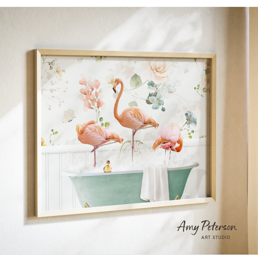A framed print of a pink flamingo standing in a green bathtub, surrounded by flowers and greenery.