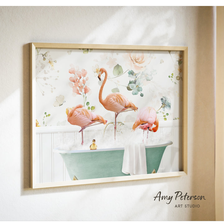 A framed print of a pink flamingo standing in a green bathtub, surrounded by flowers and greenery.