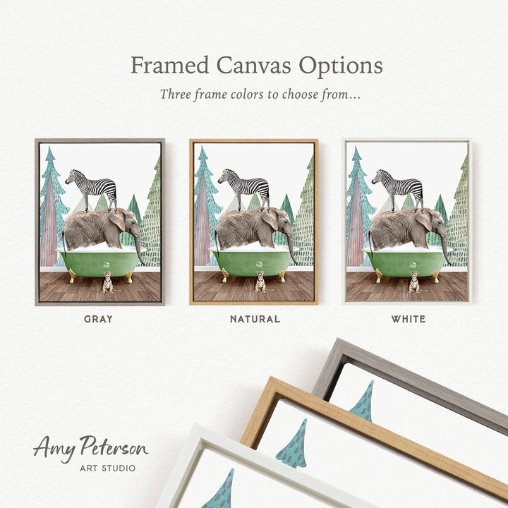 The image is a framed canvas option featuring three different color options for a painting of an elephant and a zebra in a bathtub.