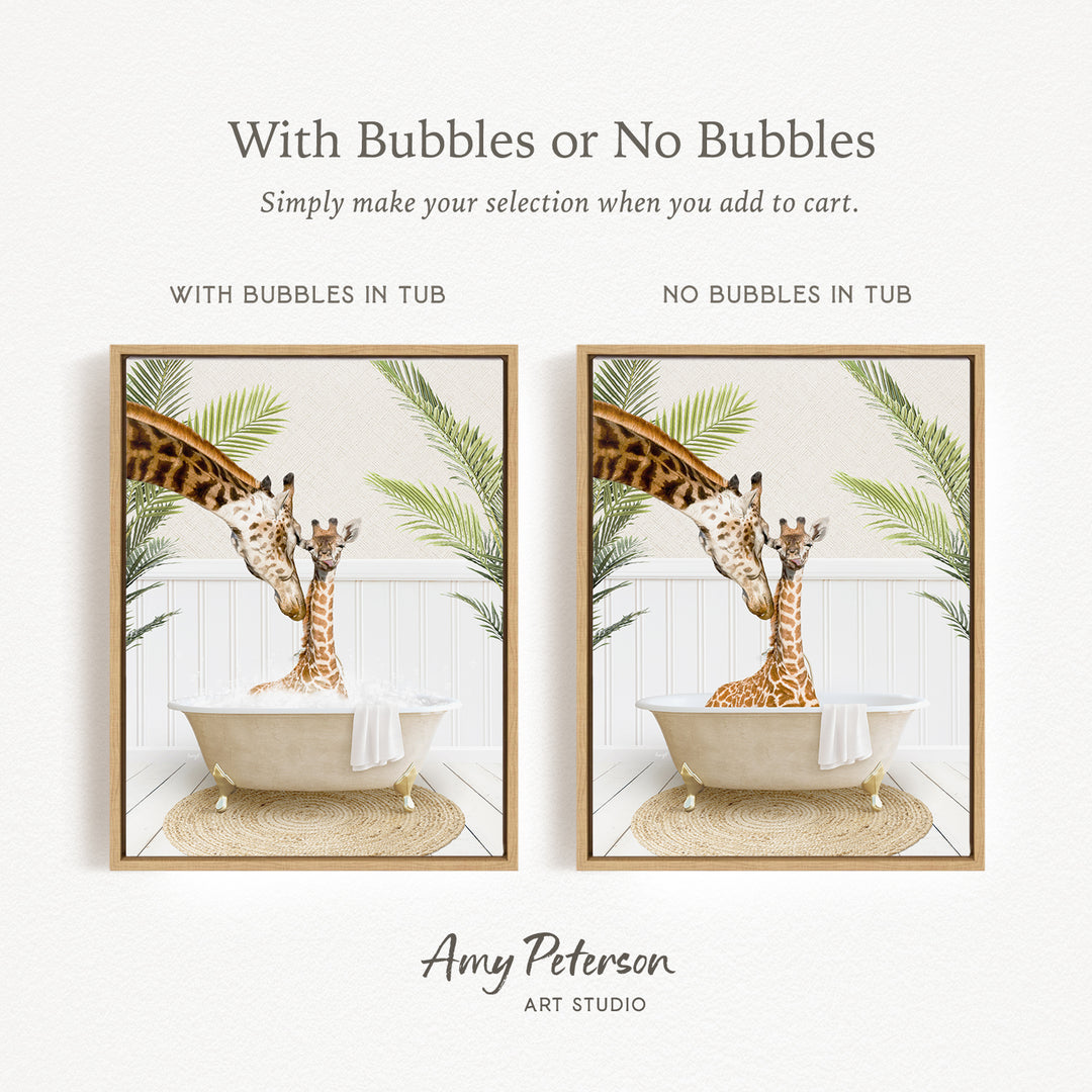 The image is a collage of two framed pictures depicting giraffes in a bathtub. The text above the images reads "With Bubbles or No Bubbles" and below the images, it says "Simply make your selection when you add to cart." The text at the bottom of the image says " Amy Peterson ART STUDIO."