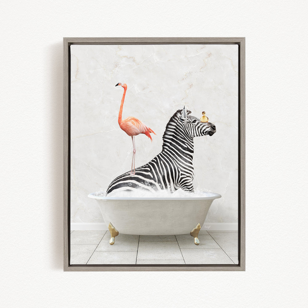 A zebra is sitting in a bathtub, with a flamingo standing on its back.
