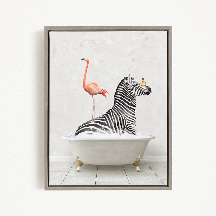 A zebra is sitting in a bathtub, with a flamingo standing on its back.