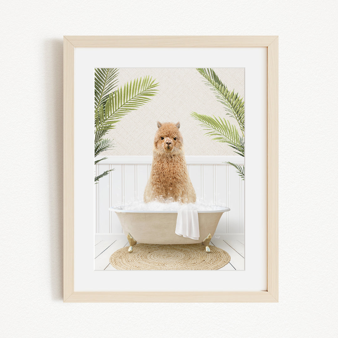 A brown alpaca sitting in a bathtub filled with water, surrounded by green palm leaves, creating a whimsical and relaxing scene.