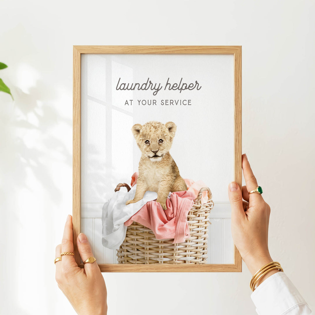 A person is holding up a framed image of a baby lion in a basket, with the text "laundry helper at your service" written above the image.