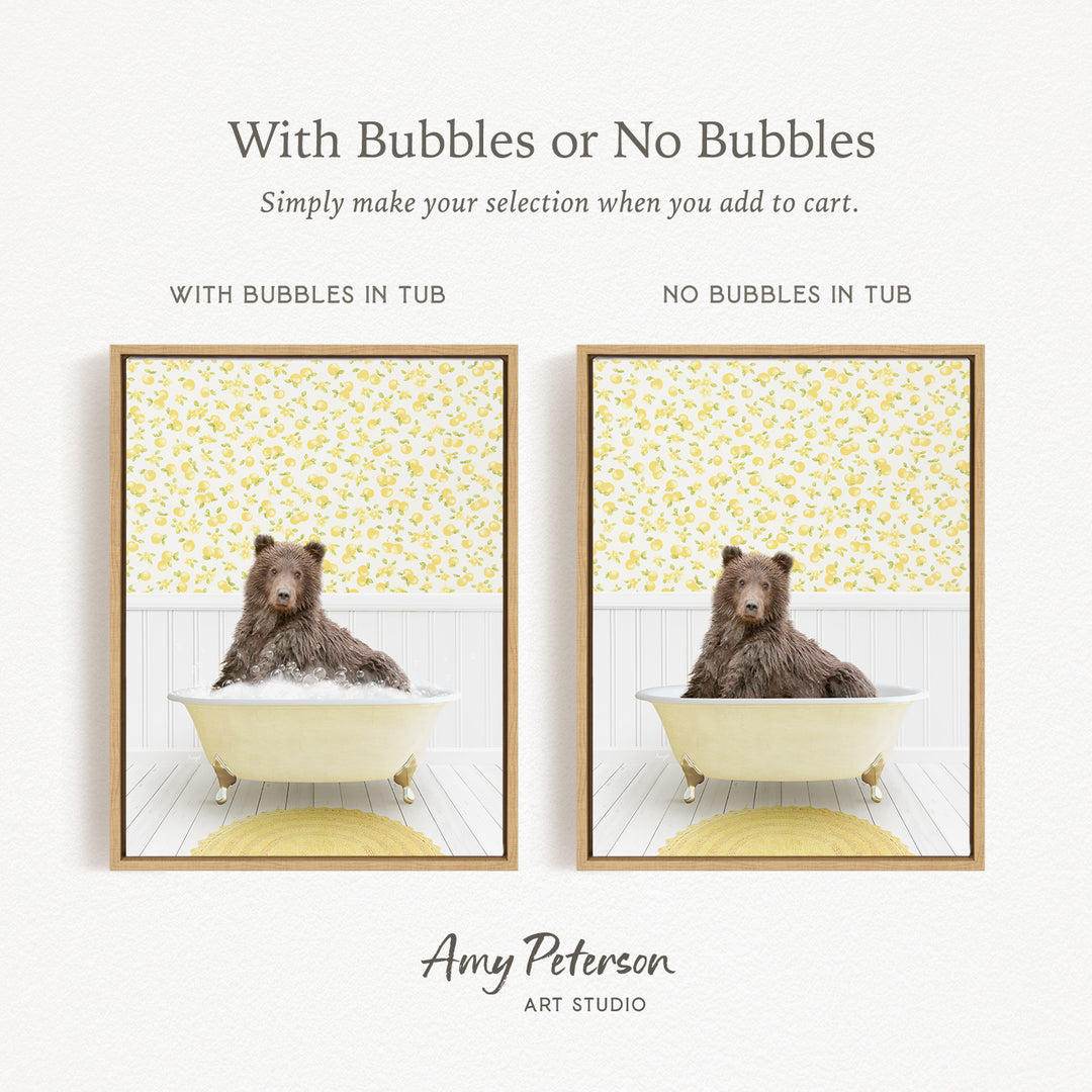 The image is a collage of two pictures featuring a bear sitting in a bathtub. The bear is sitting in a tub with bubbles, and the other image shows a bear sitting in a tub without bubbles. The text above the images reads "With Bubbles or No Bubbles Simply make your selection when you add to cart."