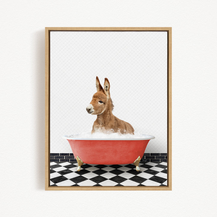 A donkey is sitting in a red bathtub filled with water, surrounded by a black and white checkered floor.