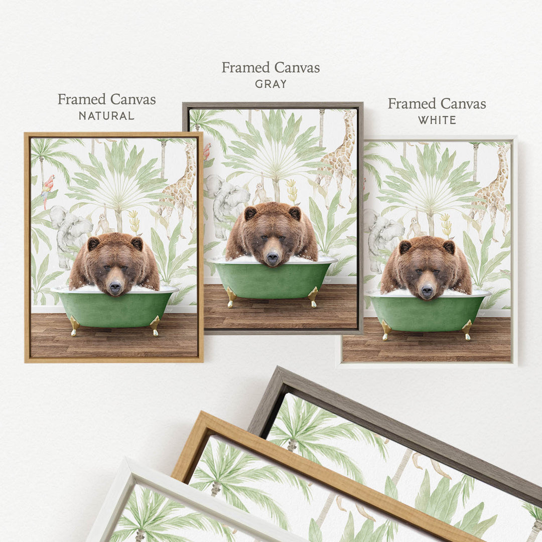 a brown bear sitting in a green bathtub, surrounded by tropical foliage.