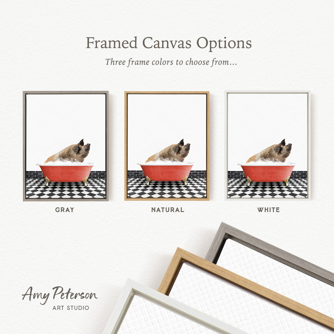 three framed canvas options, each featuring a different color of frame: gray, natural, and white. The canvas in each frame showcases a pig sitting in a red bowl, creating a visually appealing contrast between the pig and the frame color.