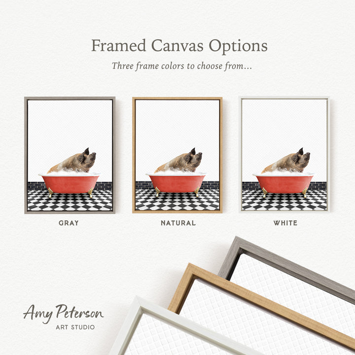 three framed canvas options, each featuring a different color of frame: gray, natural, and white. The canvas in each frame showcases a pig sitting in a red bowl, creating a visually appealing contrast between the pig and the frame color.