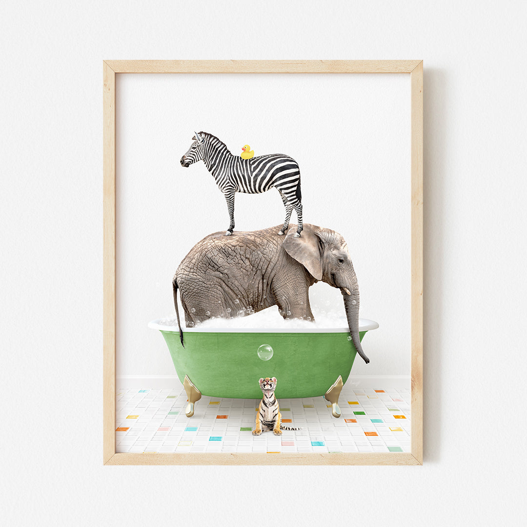 a picture of a zebra and an elephant in a bathtub