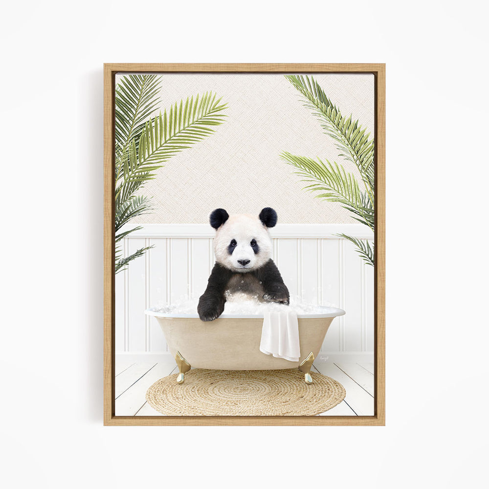 A panda bear sitting in a bathtub filled with water, surrounded by palm leaves, creating a whimsical and playful scene.