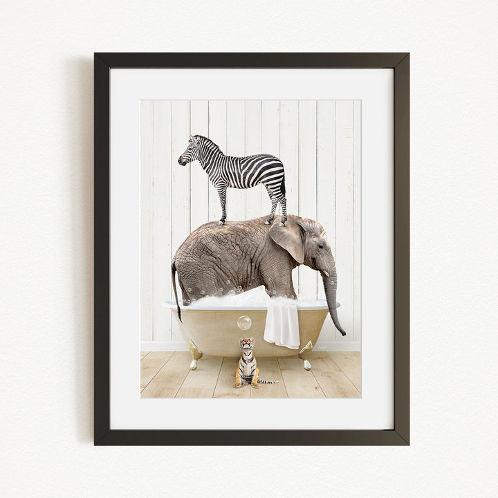 A zebra stands on the back of an elephant, which is sitting in a bathtub, with a tiger standing nearby.