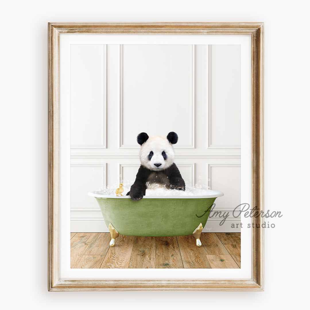 a panda bear sitting in a green bath tub