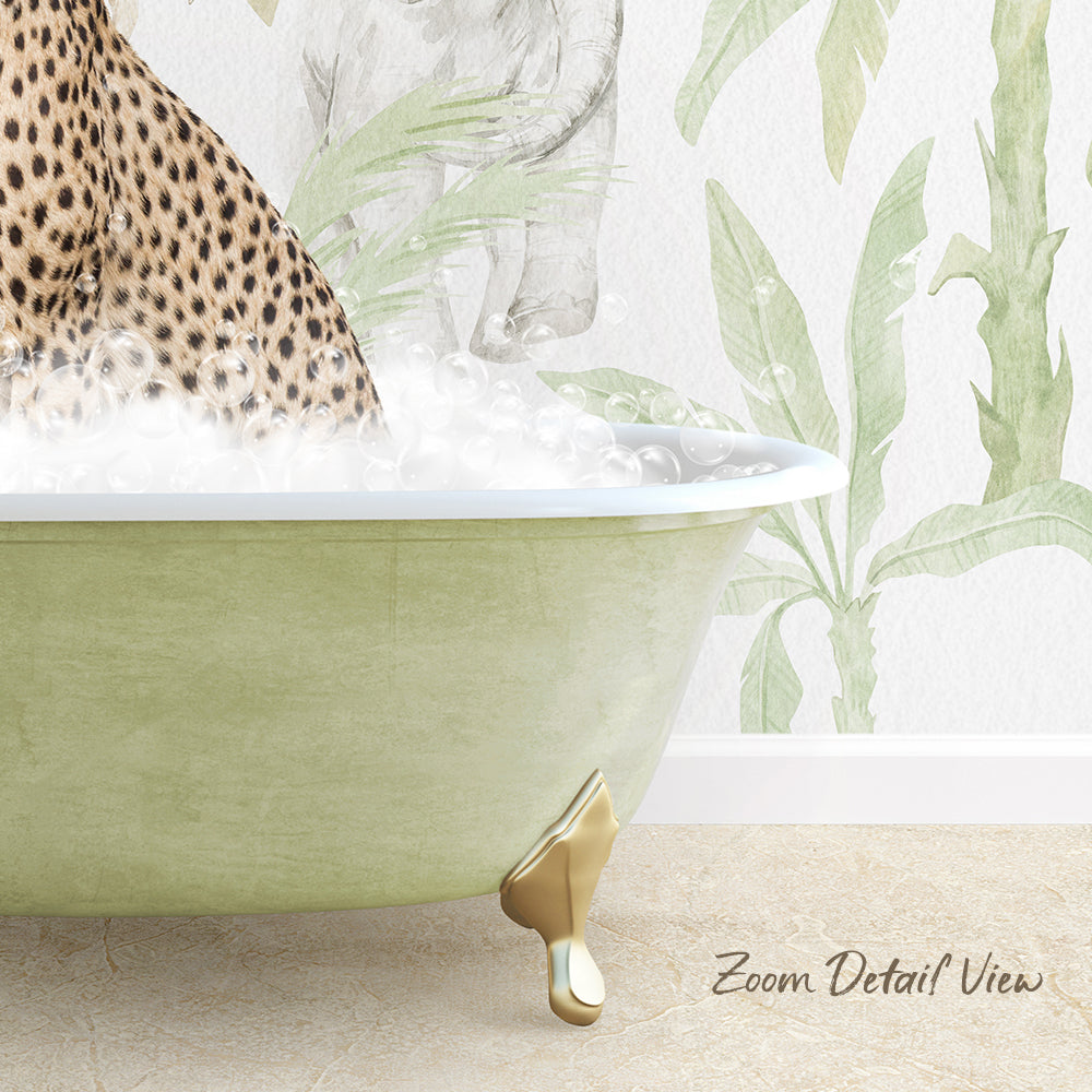A leopard print bathtub filled with water, with a gold claw-like footrest, against a wallpaper with green leaves and a white base.