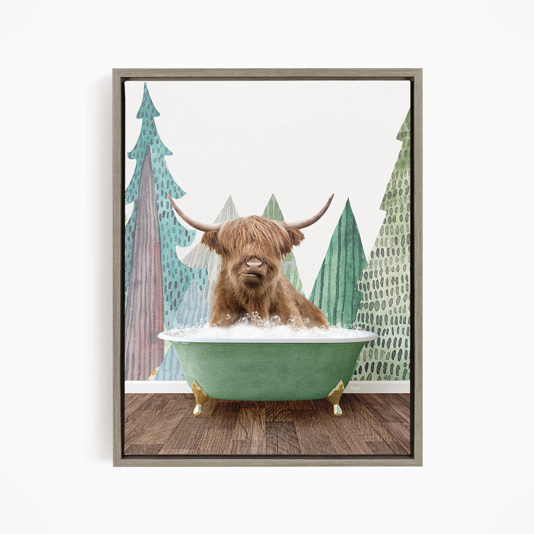 A brown cow with horns is sitting in a green bathtub, surrounded by a forest scene with trees and a snowy landscape.