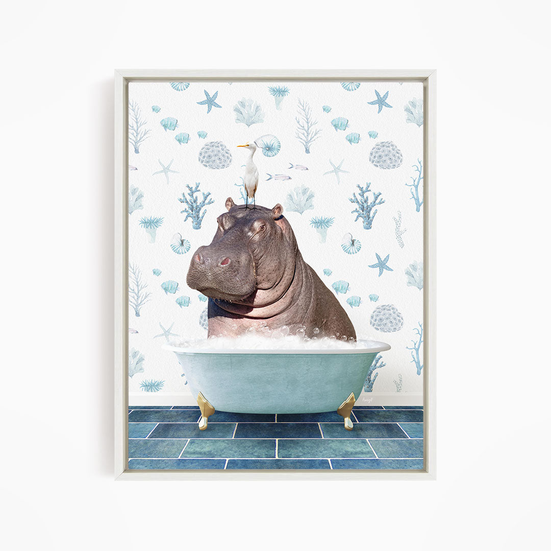 A hippopotamus sitting in a bathtub filled with water, surrounded by various sea creatures and plants.