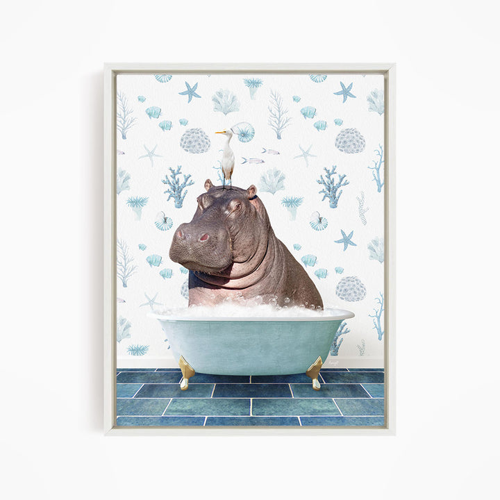 A hippopotamus sitting in a bathtub filled with water, surrounded by various sea creatures and plants.