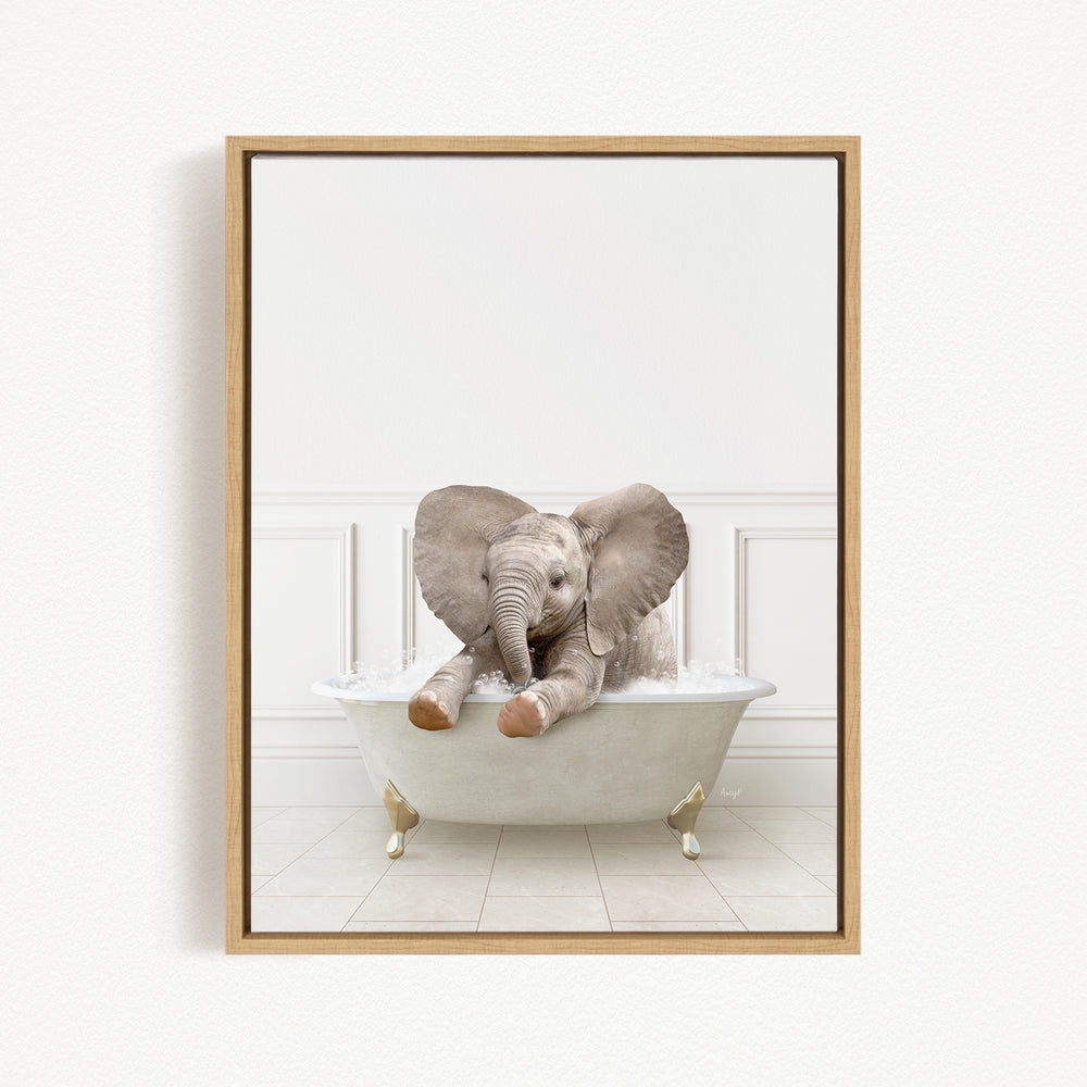 A baby elephant sitting in a bathtub filled with water, surrounded by a white wall and tiled floor.