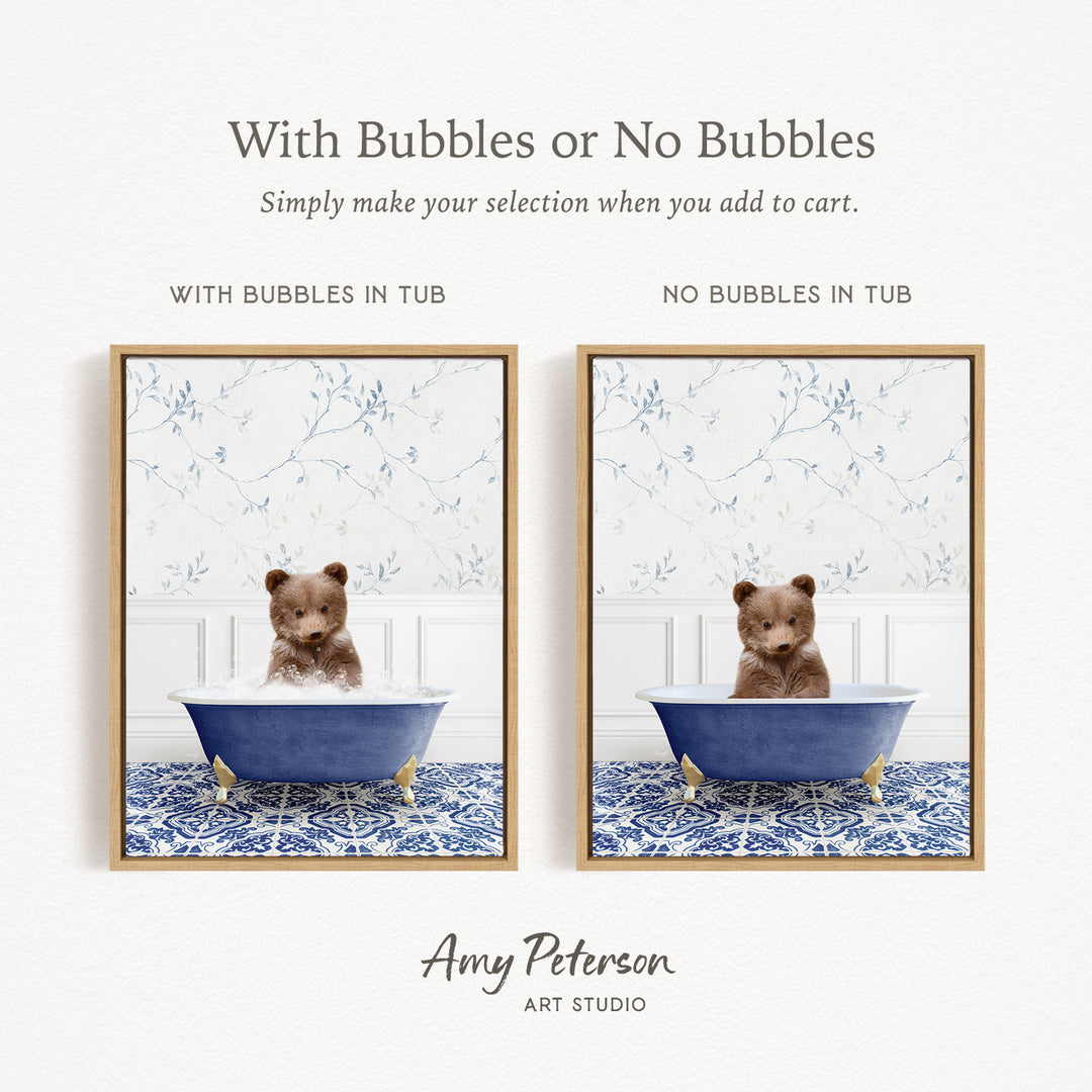 The image is a collage of two framed pictures, each depicting a teddy bear sitting in a bathtub. The text above the images reads "With Bubbles or No Bubbles" and below the images, it says "Simply make your selection when you add to cart."