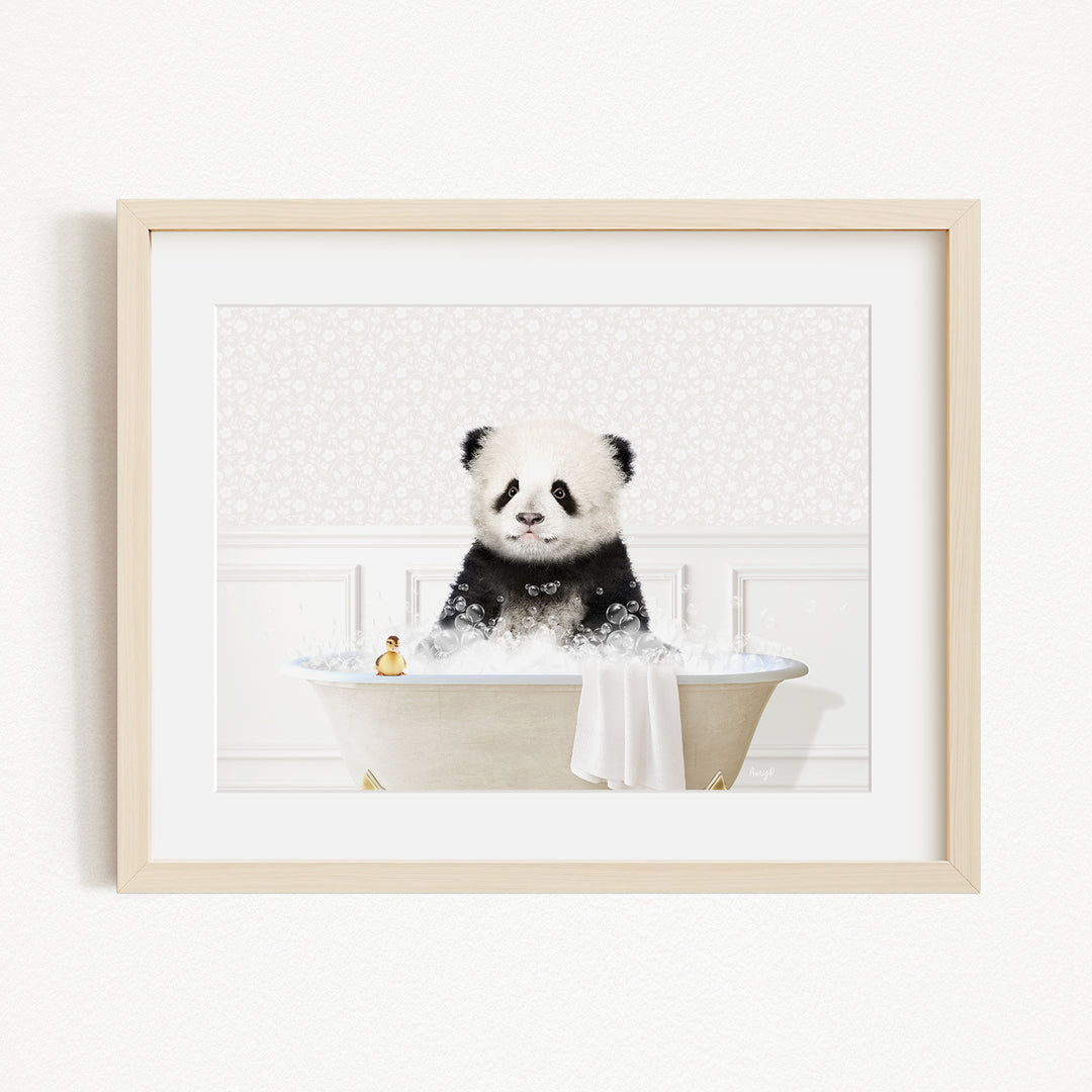 A panda bear sitting in a bathtub filled with bubbles, surrounded by a white background.