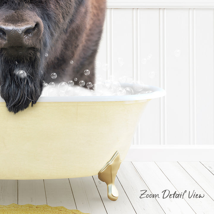 A dog with a long, shaggy coat is sitting in a bathtub filled with bubbles, enjoying a relaxing bath.