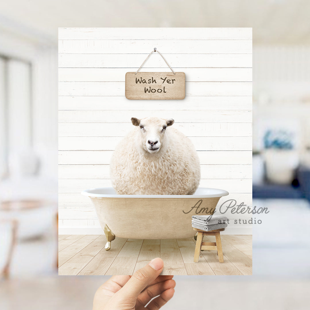 a hand holding a photo of a sheep in a bathtub