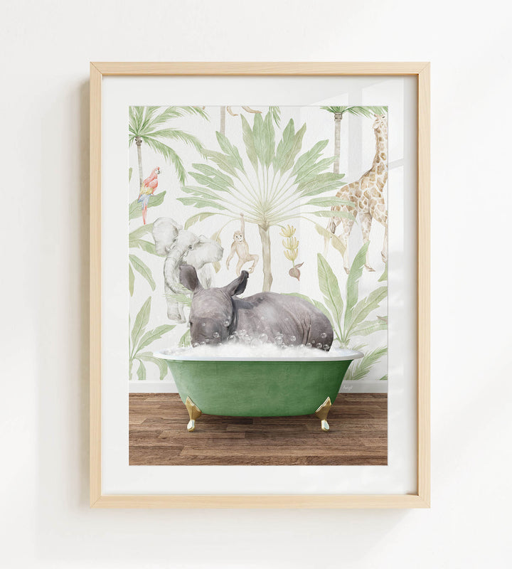 A framed print depicting a rhinoceros sitting in a green bathtub, surrounded by tropical foliage and animals.