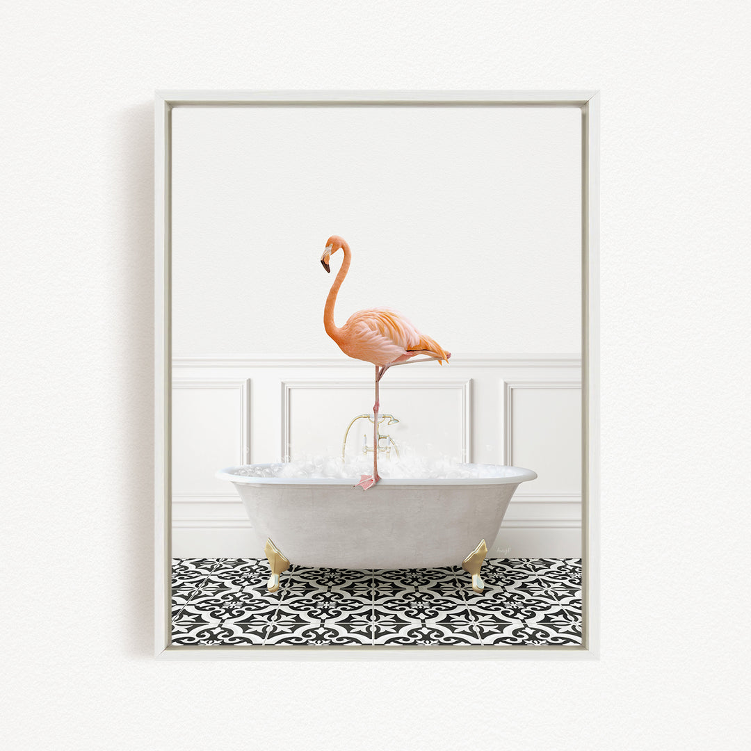 A pink flamingo standing on a white bathtub filled with water, set against a white wall with a black and white patterned floor.