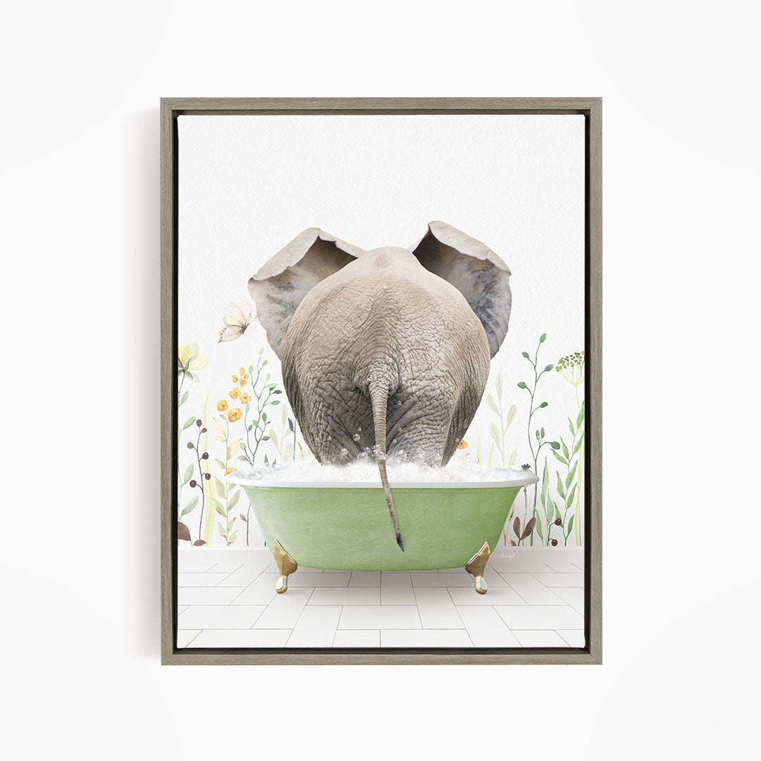 An elephant is taking a bath in a green bathtub, surrounded by flowers and plants, creating a whimsical and playful scene.