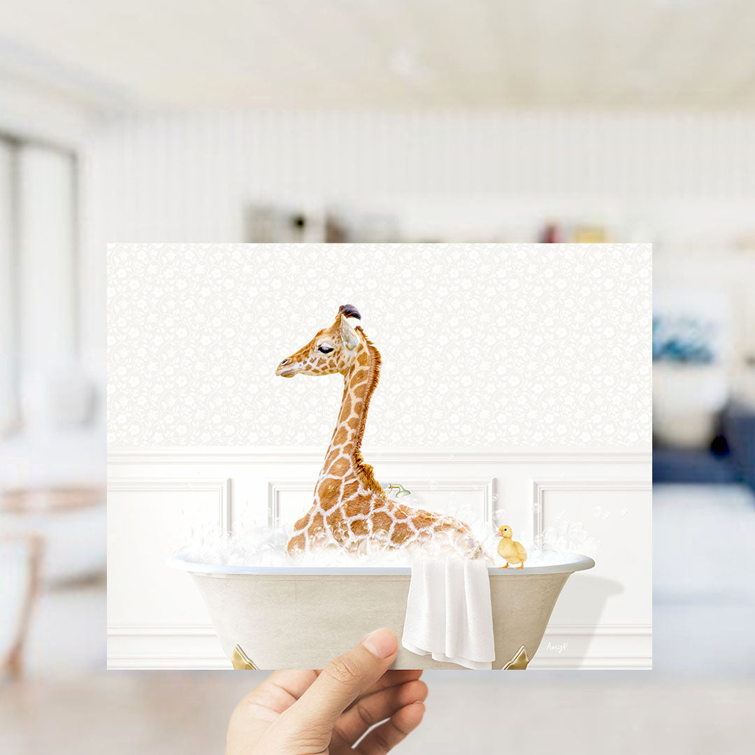 A giraffe sitting in a bathtub filled with bubbles, accompanied by a small yellow duck.