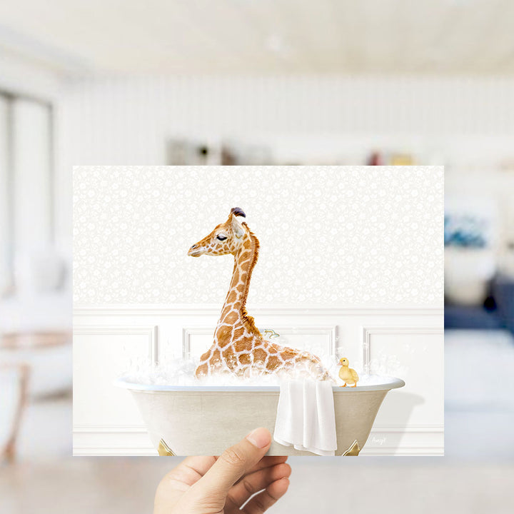 A giraffe sitting in a bathtub filled with bubbles, accompanied by a small yellow duck.