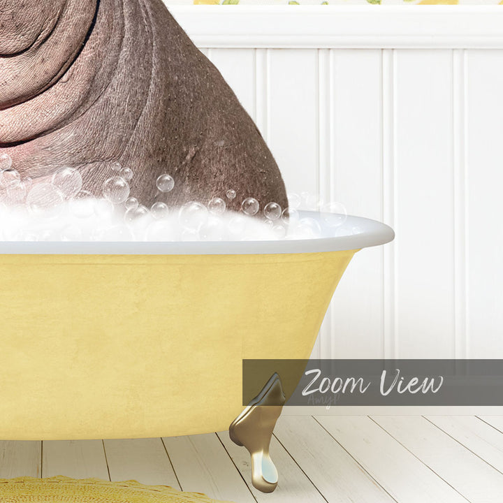 A bathtub filled with bubbles, with a large, curled-up animal, possibly a hippopotamus, sitting inside it.