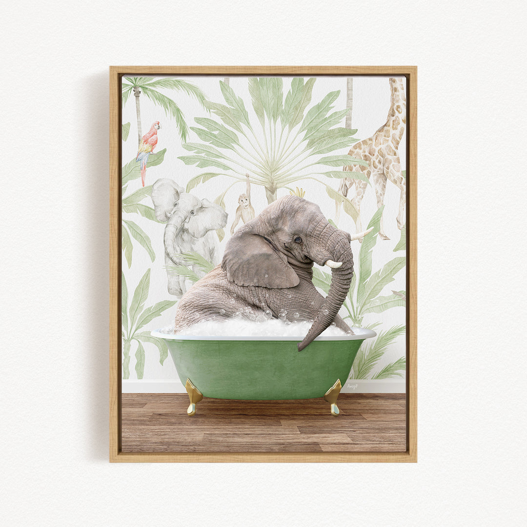 A framed image depicting an elephant sitting in a green bathtub, surrounded by various animals and plants, creating a whimsical and playful scene.