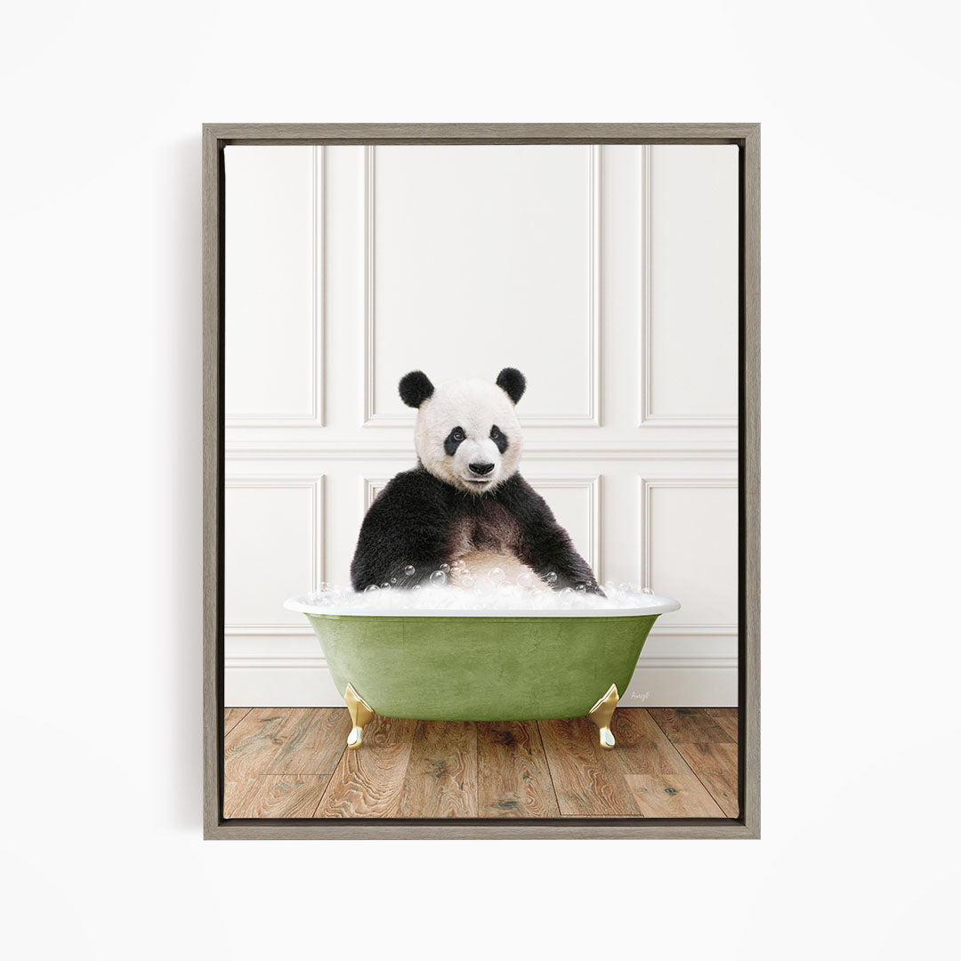 A panda bear sitting in a green bathtub filled with bubbles, creating a whimsical and playful scene.