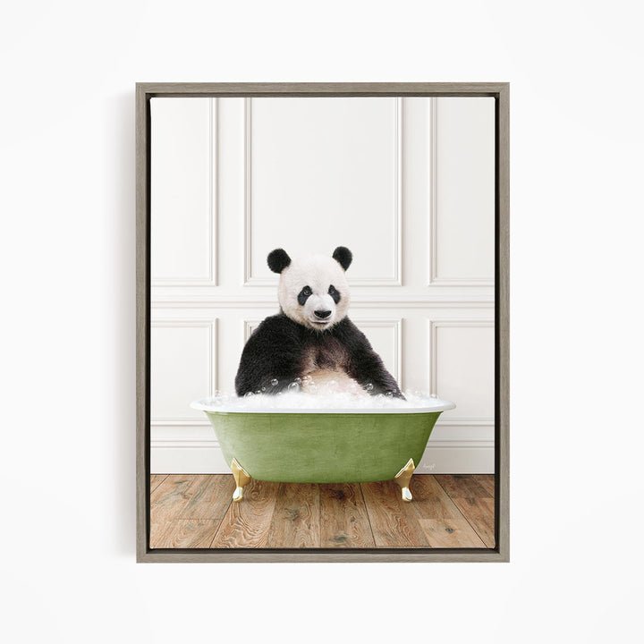 A panda bear sitting in a green bathtub filled with bubbles, creating a whimsical and playful scene.