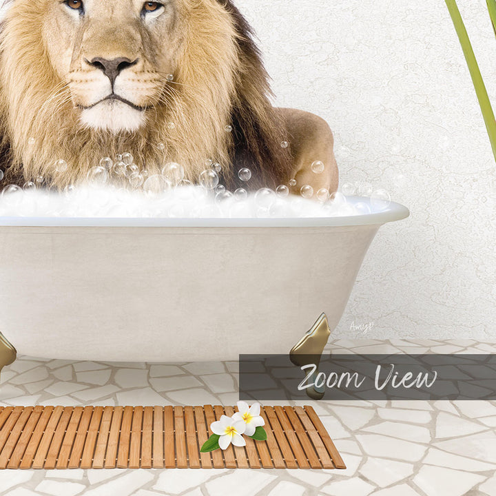A lion is sitting in a bathtub filled with bubbles, surrounded by a wooden mat and a single white flower.