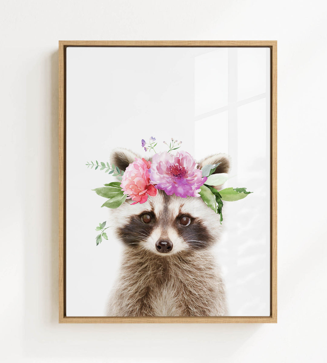 A raccoon wearing a floral crown on its head, with pink and purple flowers and green leaves adorning its head.