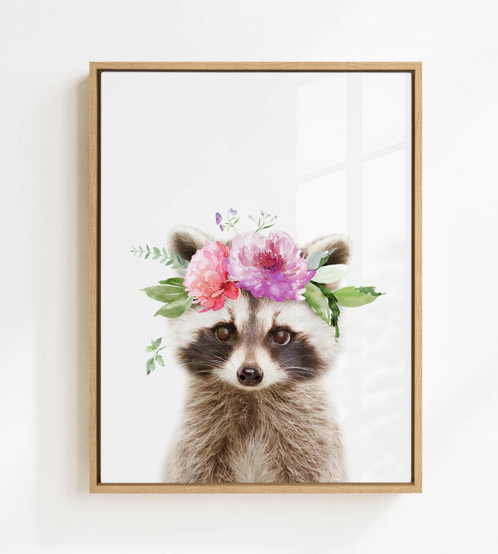 A raccoon wearing a floral crown on its head, with pink and purple flowers and green leaves adorning its head.